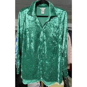 Multiples Womens Button-up Top Tunic Sz XS *Emerald* Crushed Velvet MSRP $69